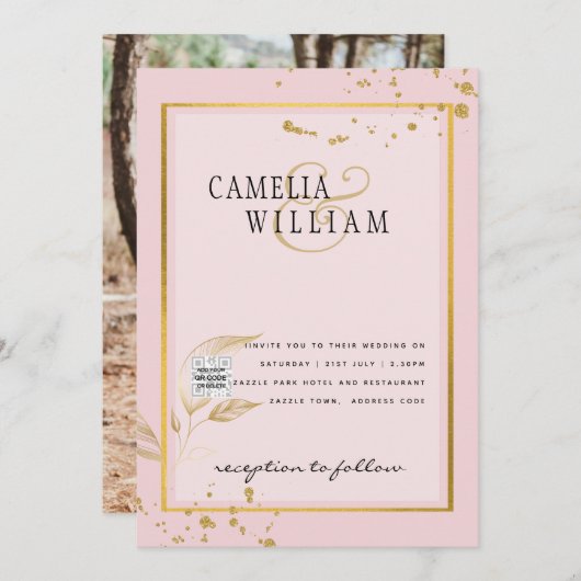 写真モダン結婚式の招待QRコードRSVP BlushPINK 招待状 (正面/裏面)