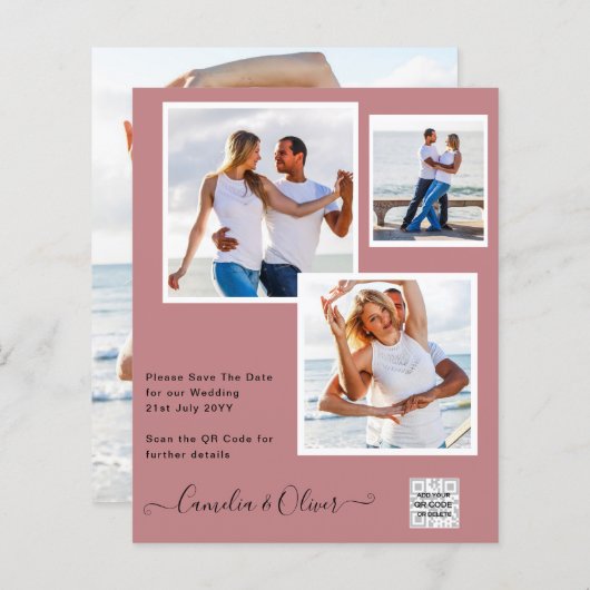 写真モダン結婚式の招待QRコードRSVP DustyROSE (正面/裏面)