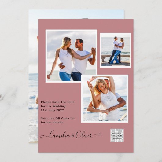 写真モダン結婚式の招待QRコードRSVP DustyROSE 招待状 (正面/裏面)