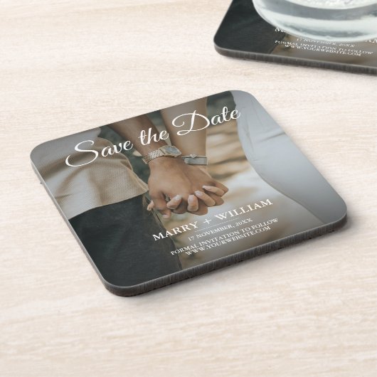 写真モダン結婚式の日付の保存エレガントクラシック コースター (左側)