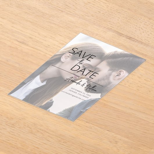 写真モダン結婚式の日付の保存 アクリル招待状 (レイダウン)