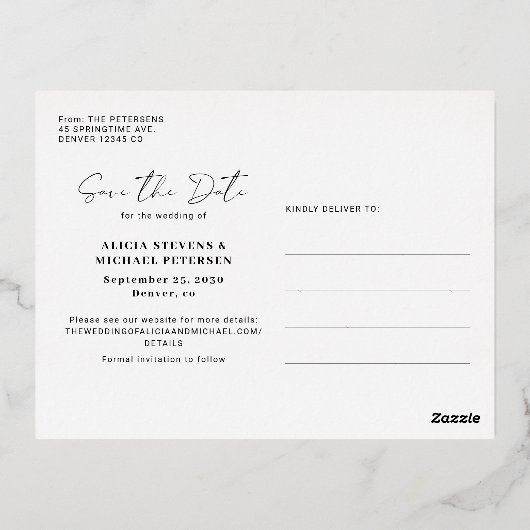 写真モダン結婚式の日付ホイルはがき保存 箔シーズンポストカード (裏面)