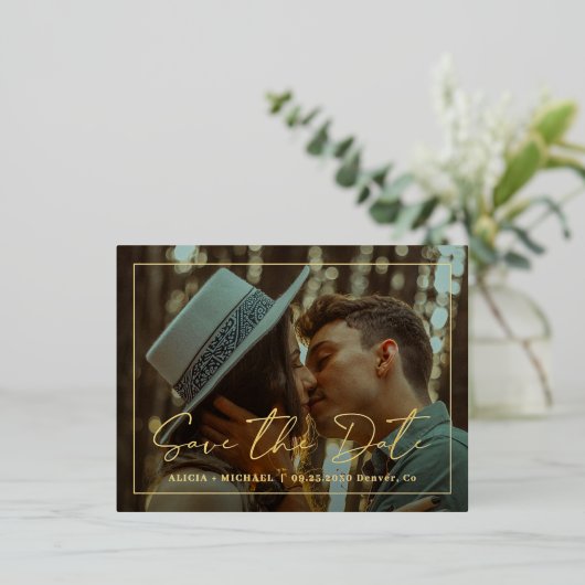 写真モダン結婚式の日付ホイルはがき保存 箔シーズンポストカード (立ち正面)