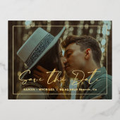 写真モダン結婚式の日付ホイルはがき保存 箔シーズンポストカード (正面)