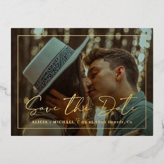 写真モダン結婚式の日付ホイルはがき保存 箔シーズンポストカード (正面)