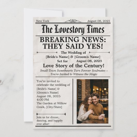 写真モダン結婚式招待状 – 新聞スタイル 招待状 (正面)