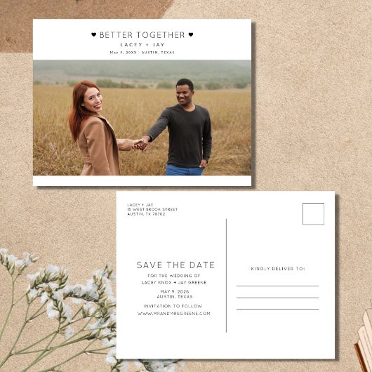 写真モダン結婚式日付の保存 案内ポストカード