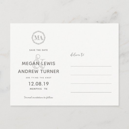 写真モダン結婚式日付の保存 案内ポストカード (裏面)