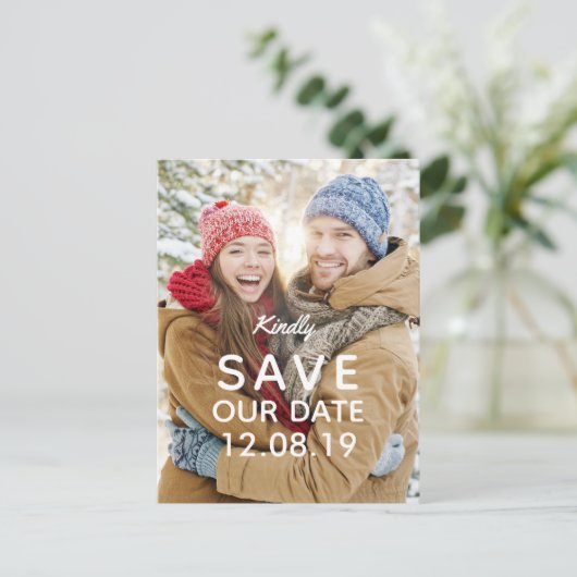 写真モダン結婚式日付の保存 案内ポストカード (スタンド正面)