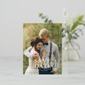 写真モダン結婚式日付の保存 箔招待状ポストカード (立ち正面)