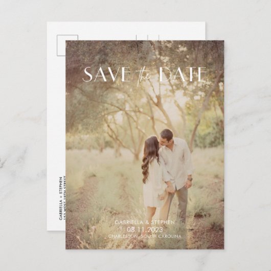 写真モダン結婚式日付はがきを保存 案内ポストカード (正面/裏面)