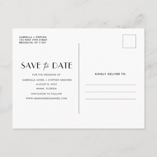 写真モダン結婚式日付はがきを保存 案内ポストカード (裏面)