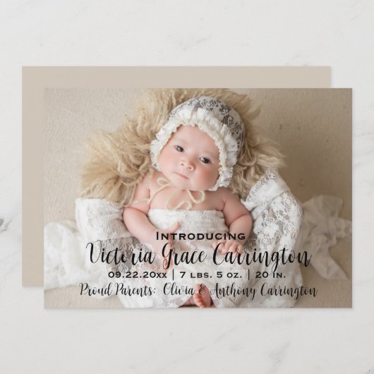 写真モダン統計の名前の誕生発表 案内状 (正面/裏面)