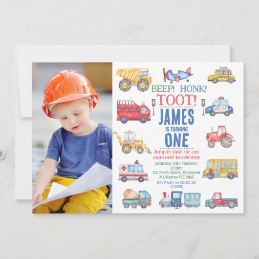 写真モダン輸送1歳の誕生日招待状 招待状 (正面)