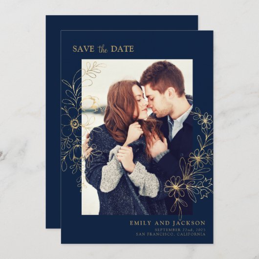 写真モダン金ゴールドエレガントフローラの保存 セーブザデート (正面/裏面)