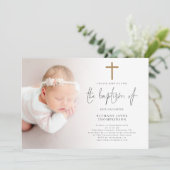 写真モダン金ゴールドグリッタークロスバプテスマ 招待状 (スタンド正面)