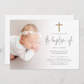 写真モダン金ゴールドグリッタークロスバプテスマ 招待状 (正面/裏面)