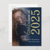 写真モダン金ゴールドネイビー2025卒業 案内ポストカード (正面/裏面)