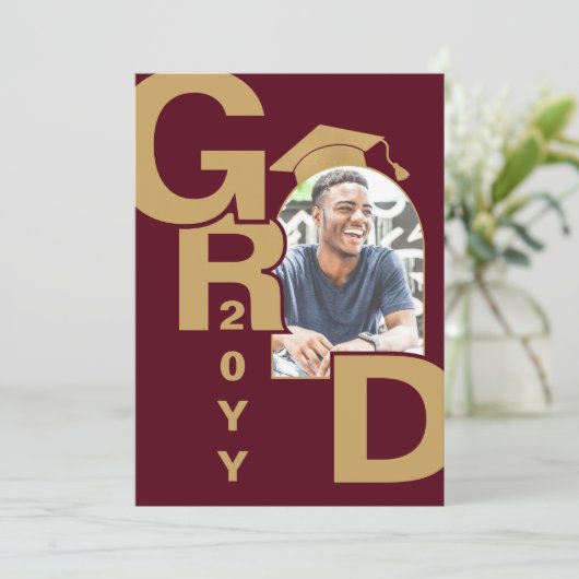 写真モダン金ゴールドマルーン卒業招待状 招待状 (スタンド正面)