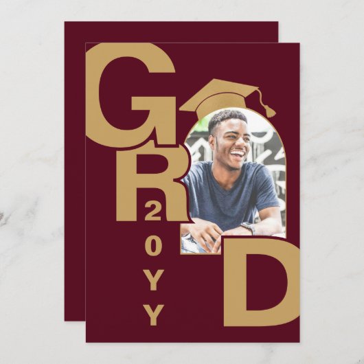 写真モダン金ゴールドマルーン卒業招待状 招待状 (正面/裏面)