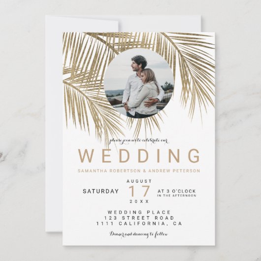 写真モダン金ゴールドヤシの木のエレガントな結婚式 招待状 (正面)