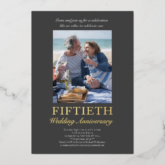 写真モダン金ゴールド50結婚周年記念 箔招待状 (正面)