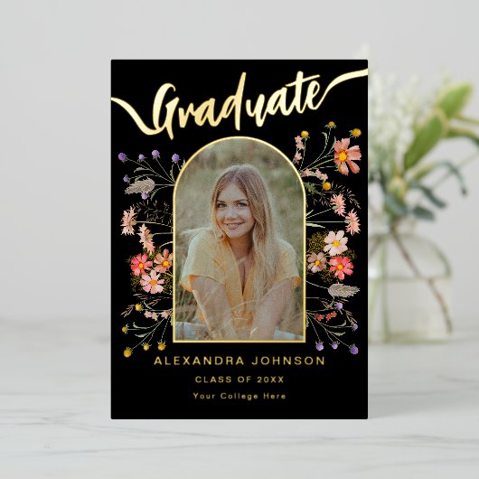 写真モダン院発表パーティー金ゴールド 箔招待状 (立ち正面)