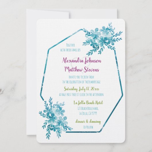 写真モダン鮮やか海ブルーフローラ結婚ズ 招待状 (正面)