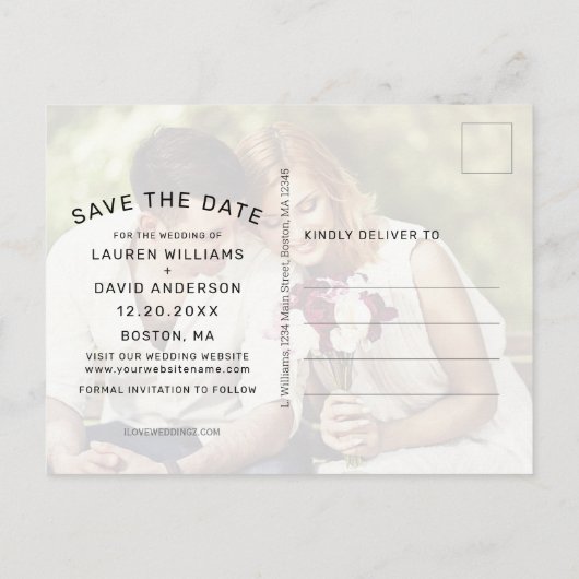 写真モダン黒いスクリプトの日付を保存結婚する 案内ポストカード (裏面)