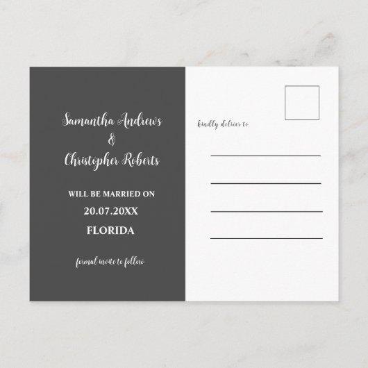 写真モダン黒と白の日付を保存結婚する ポストカード (裏面)