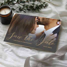 写真モダン黒と金ゴールド日付を保存結婚する ポストカード