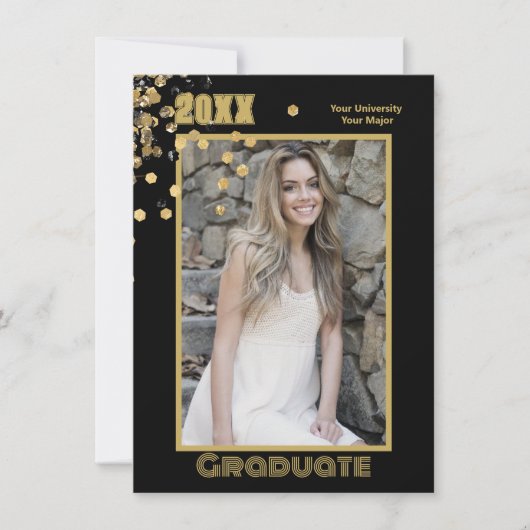 写真モダン黒パーソナライズされた金ゴールドのきらめき 招待状 (正面)