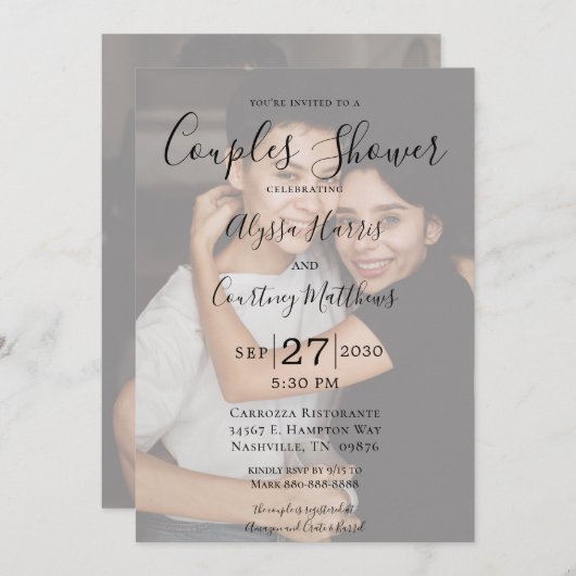 写真モダン3枚LGBTQカップル用シャワー 招待状 (正面/裏面)