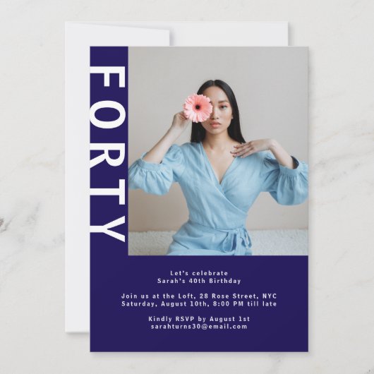 写真モダン40歳の誕生日招待状- Navy Blue 招待状 (正面)