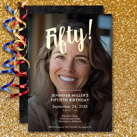写真モダン&ゴールドフォイル50誕生日 箔招待状