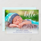 写真モダンHelloスクリプトストライプ男の赤ちゃん誕生 案内状 (正面/裏面)