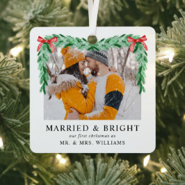 写真モダンMarried & Bright Christmas Newlywed メタルオーナメント