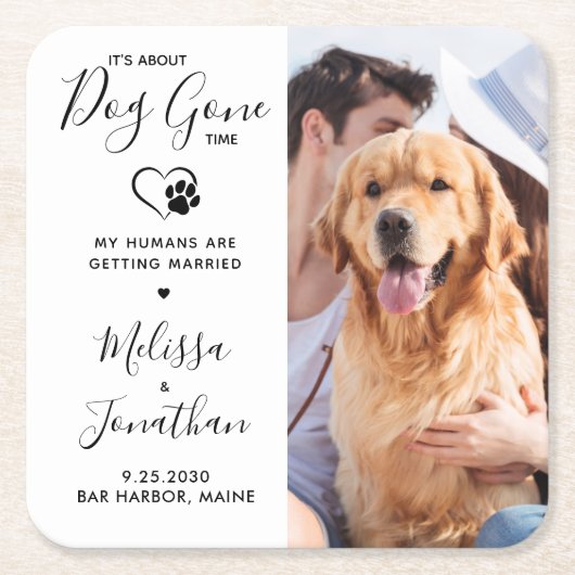 写真モダンPet結婚の犬が日付を保存 スクエアペーパーコースター (正面)