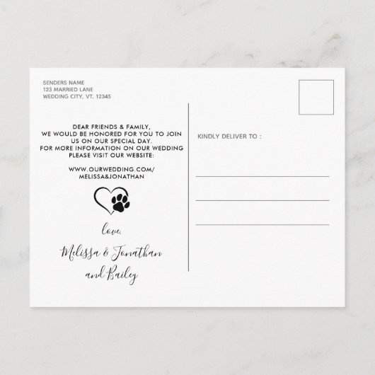 写真モダンPet結婚の犬が日付を保存 案内ポストカード (裏面)