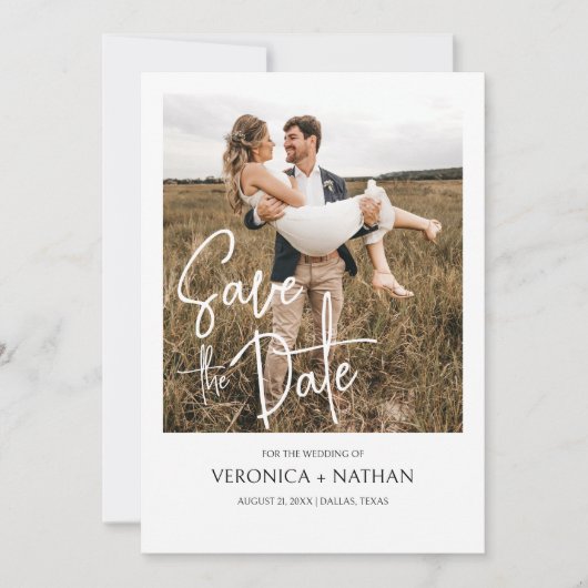 写真モダンQRコードの日付を保存結婚する 招待状 (正面)