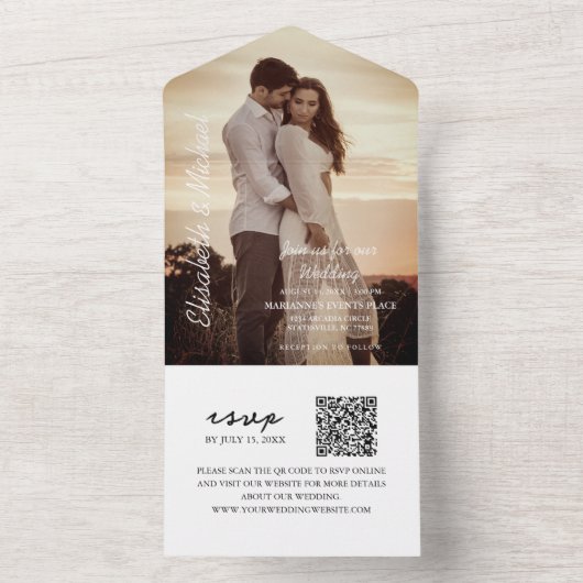 写真モダンQRコードほこりっぽいブルー結婚ズ オールインワン招待状 (内側)