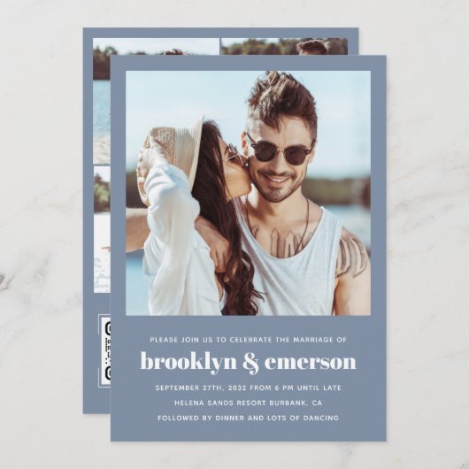 写真モダンQRコードほこりっぽいブルー結婚ズ 招待状 (正面/裏面)