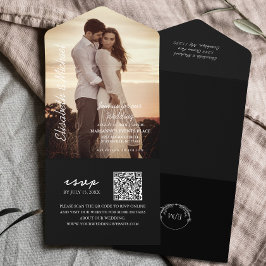 写真モダンQRコードブラック結婚ズ オールインワン招待状