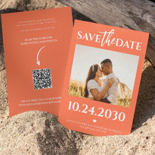 写真モダンQRコード明るいオレンジ結婚色 セーブザデート