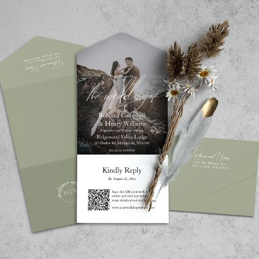 写真モダンQRコードRSVP Sage Green結婚's オールインワン招待状