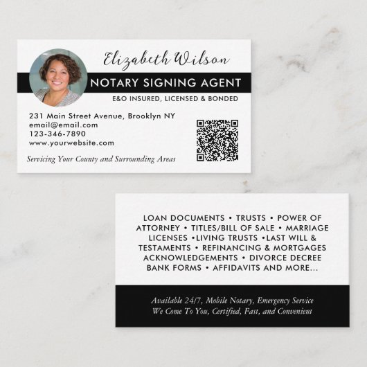 写真モダンQR公証署名貸付エージェント黒 名刺 (正面/裏面)