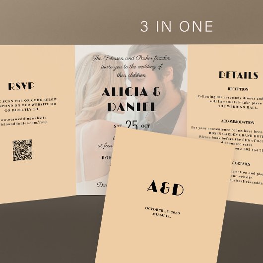 写真モダンrsvp詳細QRクリームブラック結婚ズ 三つ折り招待状