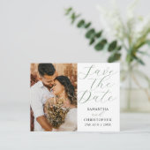 写真モダンSage Green日付を保存結婚する 案内ポストカード (スタンド正面)