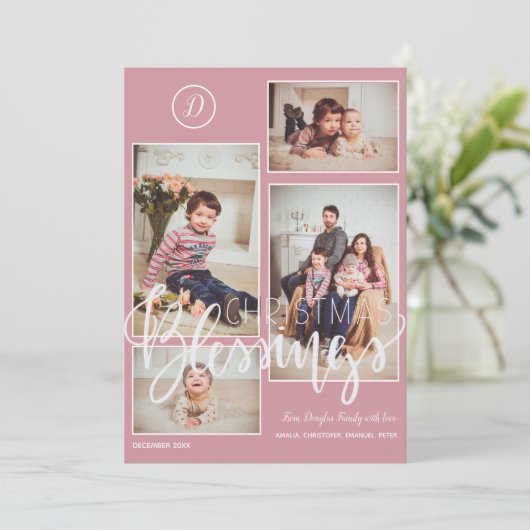写真モノグラムのコラージュのクリスマス赤面ピンク シーズンカード (スタンド正面)