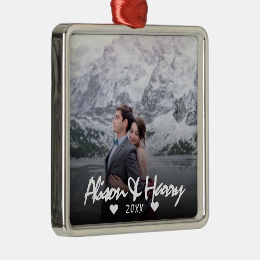 写真モノグラムの白エレガント書ウェディング メタルオーナメント (右)